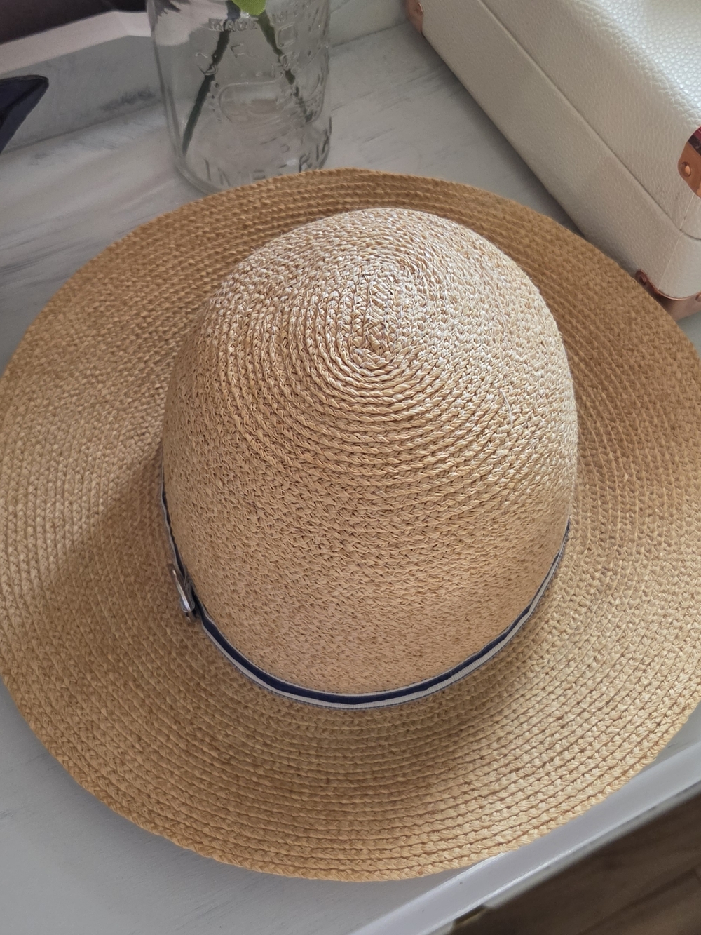Straw Sun Hat with Navy Trim - Picture 2 of 4